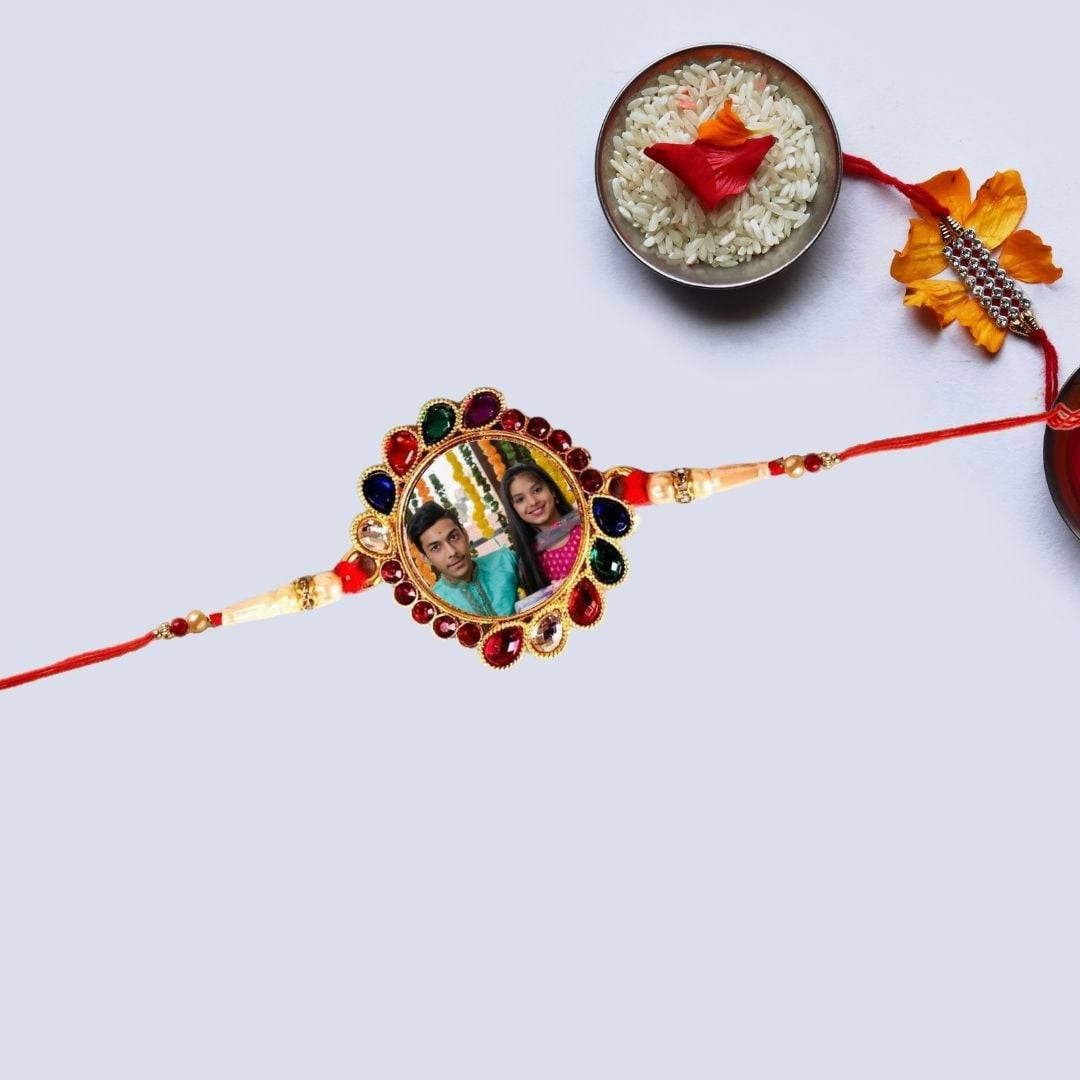 Customize Photo Rakhi | Multi Color Pearl Photo Rakhi | Customize Rakhi | Raksha Bandhan - Image 3