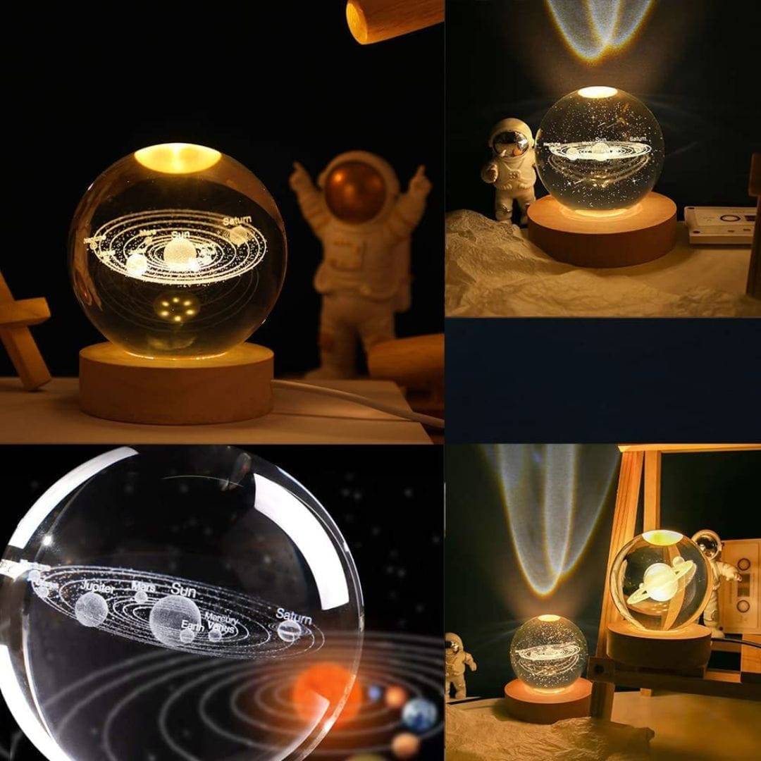 Solar System Crystal Ball Night Light, 3D Galaxy Crystal Ball Night Lamp, USB Powered Wooden Base Galaxy Glass Ball with Colorful LED Base - Image 7