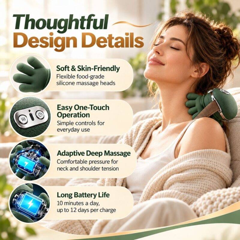 Neck and shoulder massager with flexible silicone heads and easy controls