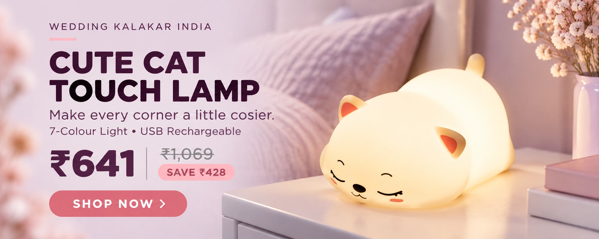 Cute Cat Lamp | 7-Color Changing Silicone Touch Lamp | USB Rechargeable LED Night Light for Kids Bedroom & Tabletop Use – Multicolor