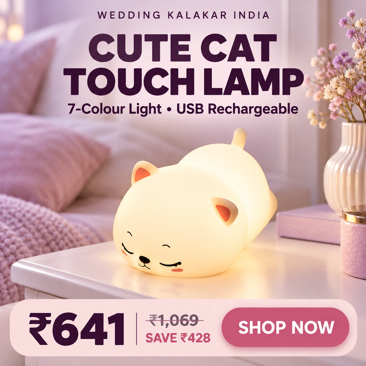 Cute Cat Lamp | 7-Color Changing Silicone Touch Lamp | USB Rechargeable LED Night Light for Kids Bedroom & Tabletop Use – Multicolor