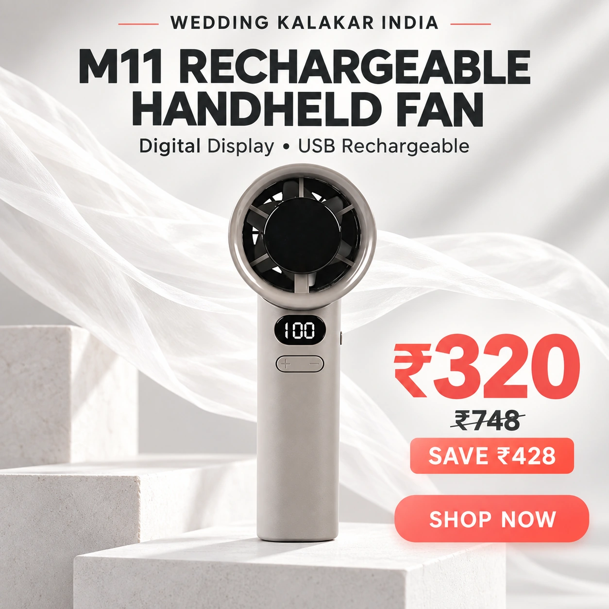 M11 Portable Rechargeable Handheld Fan with Digital Display – USB Mini Cooling Fan