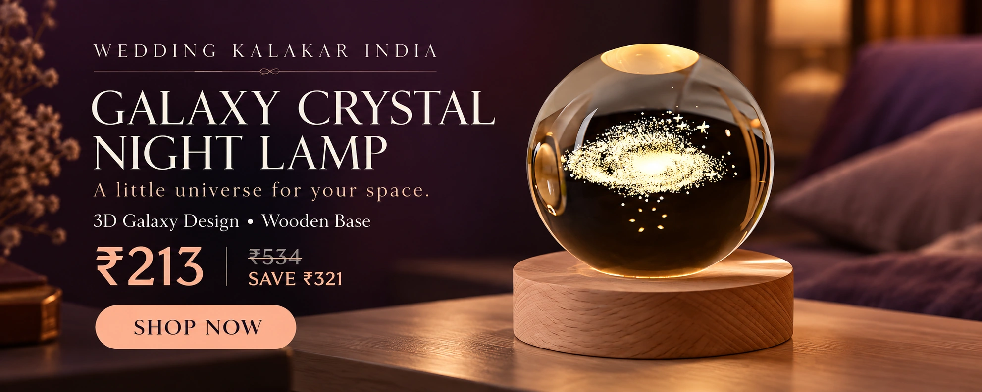 Lamp Galaxy 3D Crystal Ball Night Light with Wooden Base - LED USB Table Lamp for Kids, Teens, and Home Decor